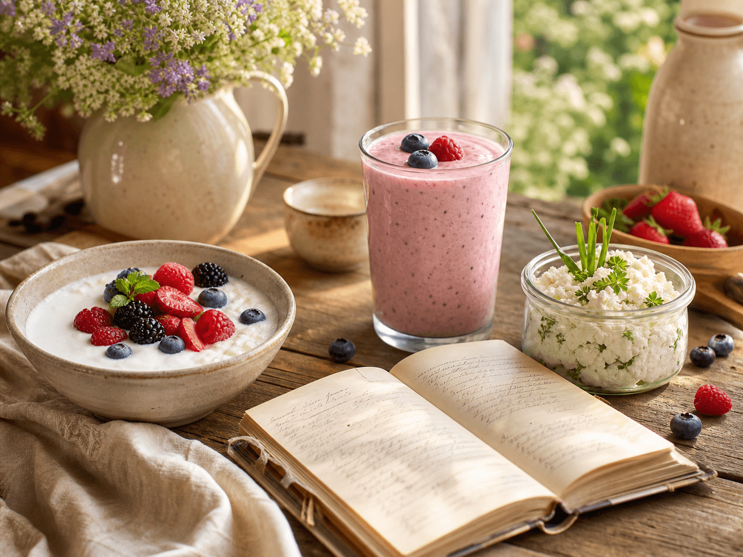 Homemade kefir recipes with berries, smoothie, and journal
